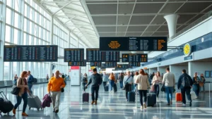 Busy airport terminal with departure boards and travelers with luggage, modern airport architecture, natural lighting from windows, diverse passengers checking in and navigating the terminal