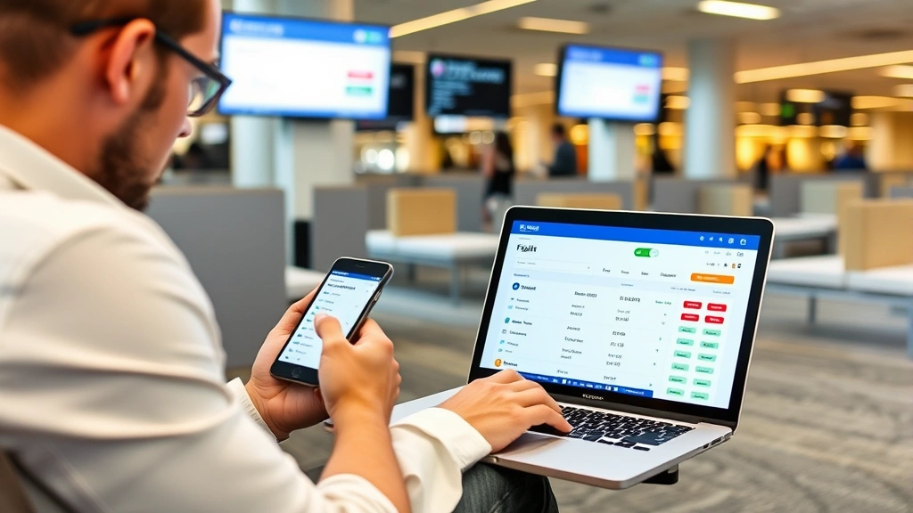 Traveler using smartphone and laptop simultaneously comparing flight prices, sitting in a modern airport lounge, multiple screens visible with flight search results and pricing data displayed