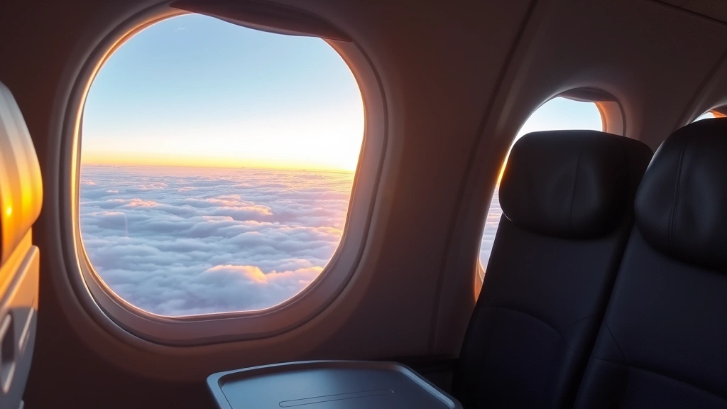 Airplane cabin window view of clouds and sunrise during early morning flight, comfortable passenger seat with tray table, peaceful cabin interior suggesting optimal off-peak travel timing