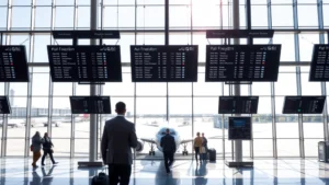 Modern airport terminal with aircraft at gate, passengers checking flight information on digital displays, sunny daylight through large windows, commercial jet in background