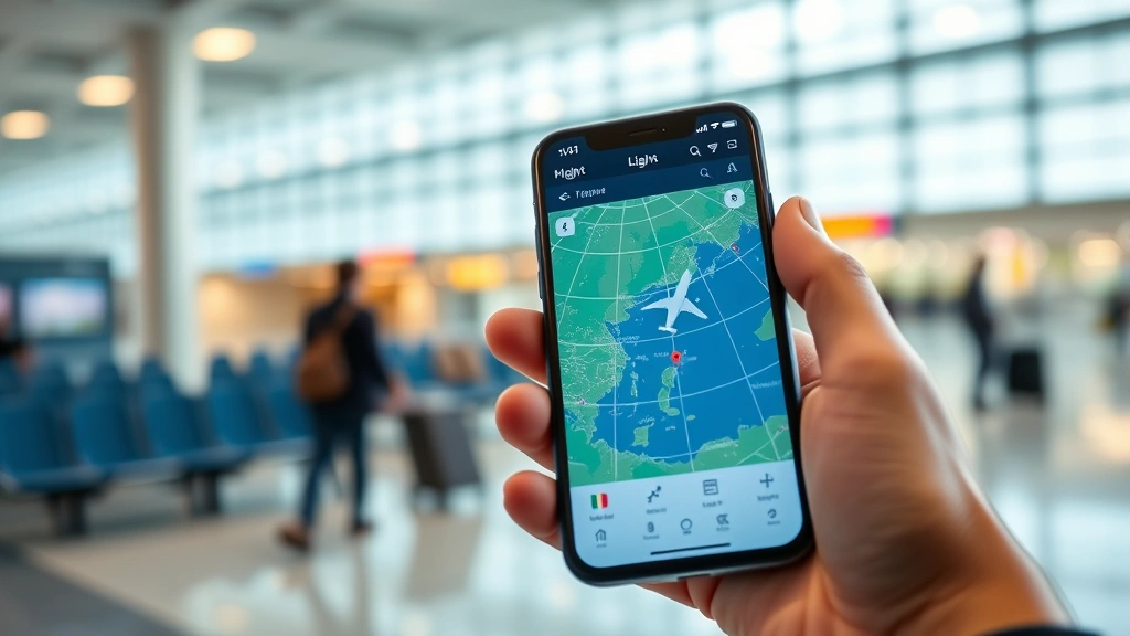 Close-up of smartphone showing flight tracking app with real-time aircraft location on interactive map, passenger holding phone in airport lounge, bright modern terminal setting