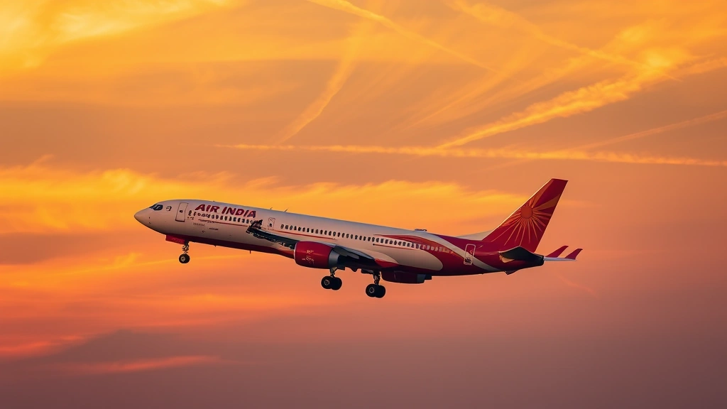 Air India aircraft taking off at sunset with contrails, aerial view showing flight path, modern commercial jet against dramatic sky, professional aviation photography