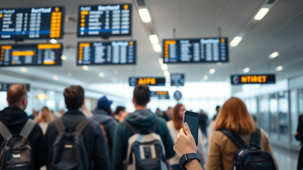 Passenger checking flight status on smartphone at airport gate with departure boards visible overhead, diverse travelers waiting at gate, natural airport lighting, candid travel moment