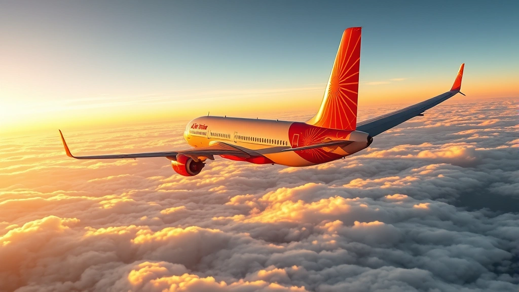 Air India aircraft in flight over clouds at golden hour, wing visible, clear sky conditions, commercial airliner in cruising altitude, photorealistic aviation imagery