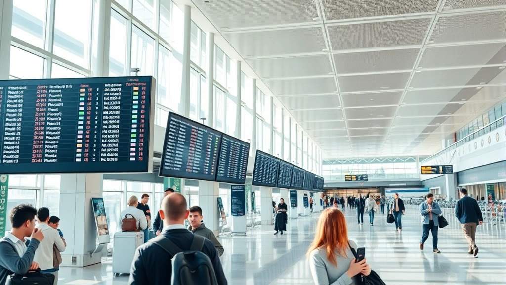 Modern airport terminal with flight information displays showing departure boards and travelers checking flight status on mobile devices, bright natural lighting, busy but organized atmosphere