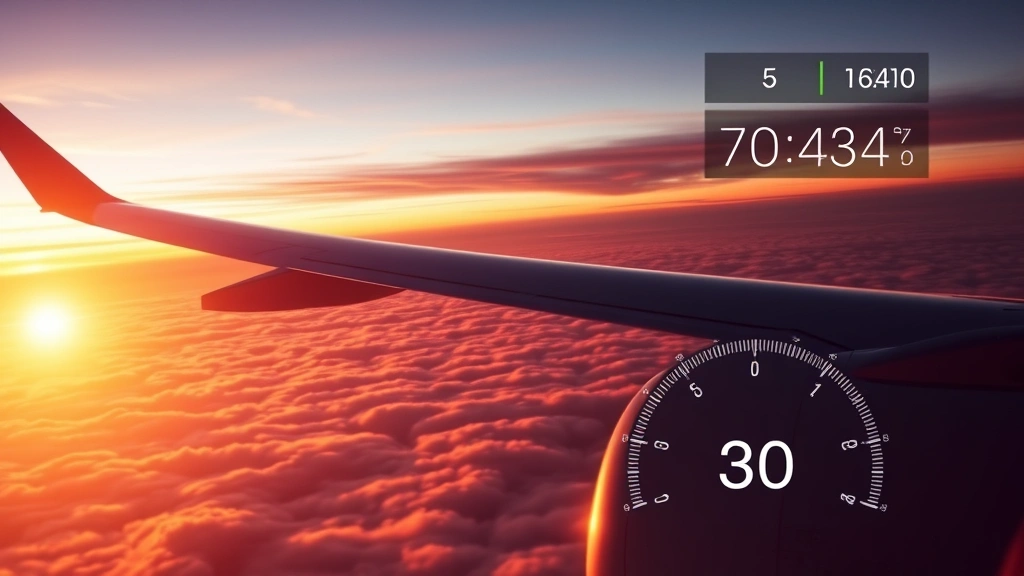 Airplane wing and engine photographed mid-flight above clouds at sunset, showing real-time flight tracking data overlay with altitude and speed indicators, photorealistic aviation imagery