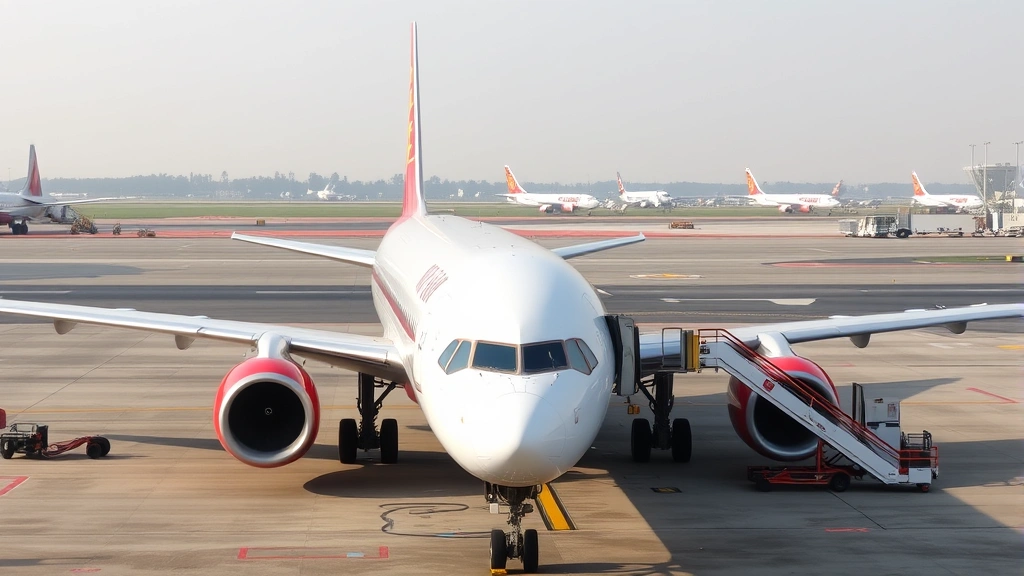 Air India aircraft on tarmac at international airport with ground crew performing maintenance checks, clear weather conditions, professional aviation operations setting