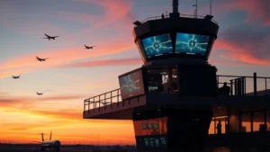 Modern airport control tower at sunset with illuminated screens and radar displays, aircraft silhouettes visible in sky, professional aviation operations center atmosphere, photorealistic