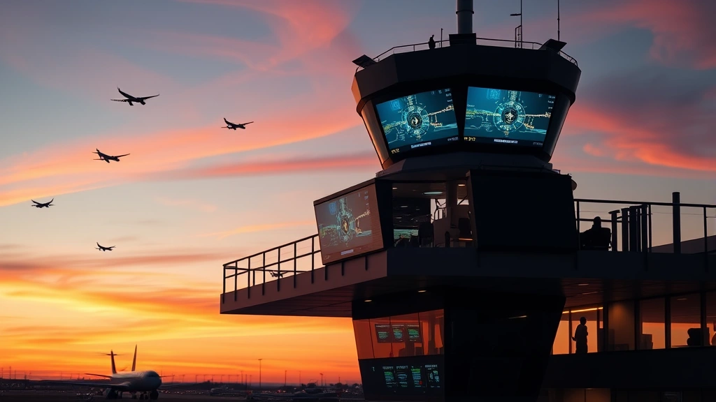 Modern airport control tower at sunset with illuminated screens and radar displays, aircraft silhouettes visible in sky, professional aviation operations center atmosphere, photorealistic