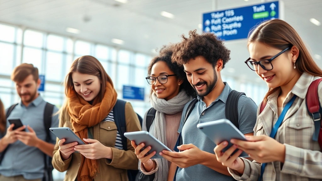 Diverse travelers checking flight status on smartphones and tablets in modern airport terminal, bright natural lighting, engaged expressions, contemporary travel technology in use, photorealistic