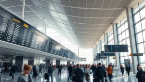 Modern airport terminal with digital departure boards displaying flight information and passenger crowds moving through the space, bright natural lighting from large windows, realistic travel photography