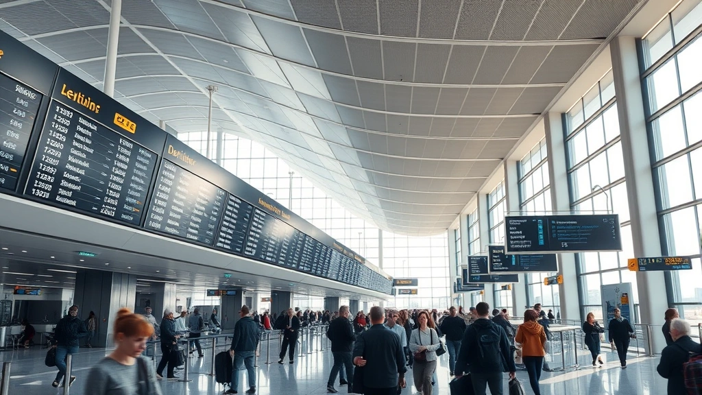 Modern airport terminal with digital departure boards displaying flight information and passenger crowds moving through the space, bright natural lighting from large windows, realistic travel photography