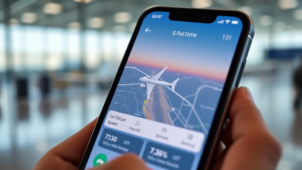 Close-up of a smartphone screen showing a flight tracking app with real-time aircraft location, altitude, and speed data displayed in a modern interface, user holding phone, airport terminal visible in background