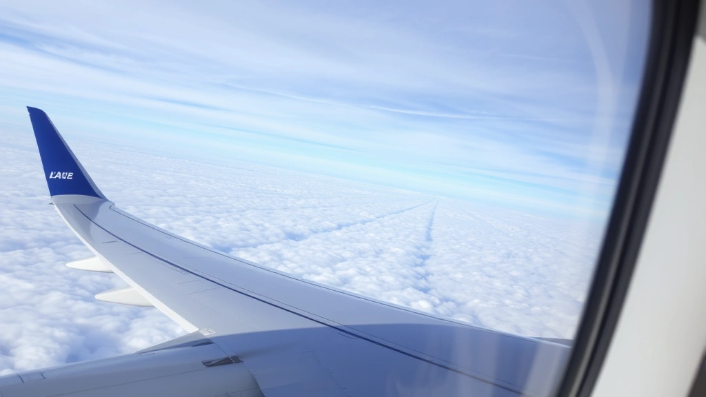 Airplane wing view during flight with clouds below and blue sky, taken from window seat during daytime, showing the aircraft in flight status with realistic atmospheric conditions