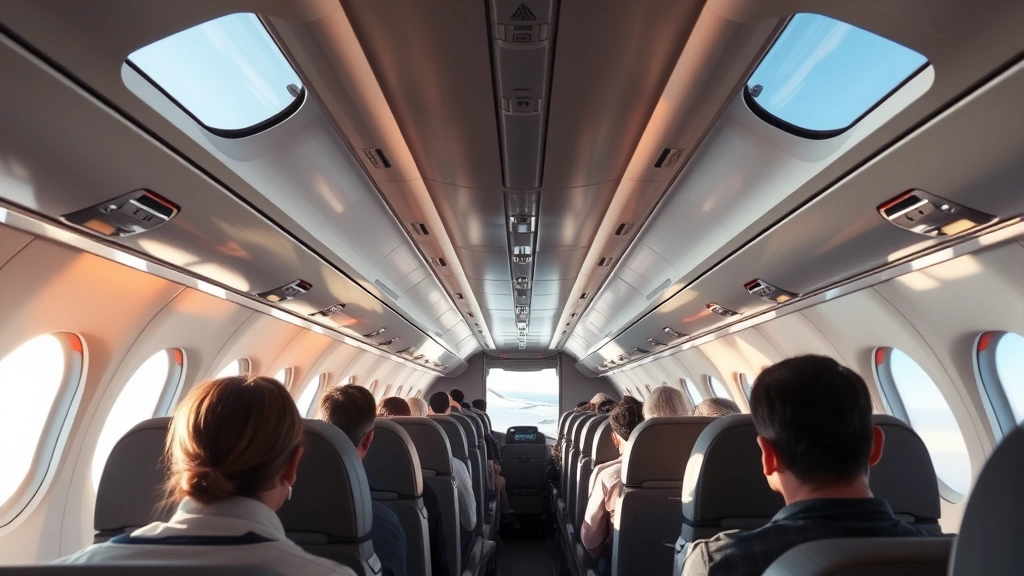 Modern aircraft cabin interior during flight with passengers in seats, bright daylight through windows showing wing and sky, commercial airliner interior photography