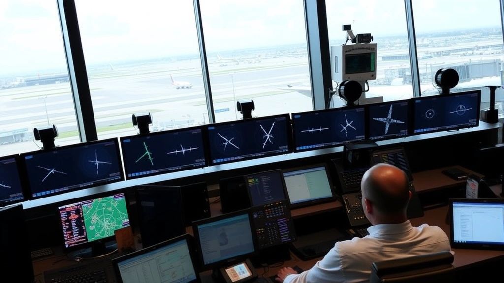 Airport control tower with radar screens and flight tracking displays, air traffic controllers monitoring aircraft, technical aviation operations center environment