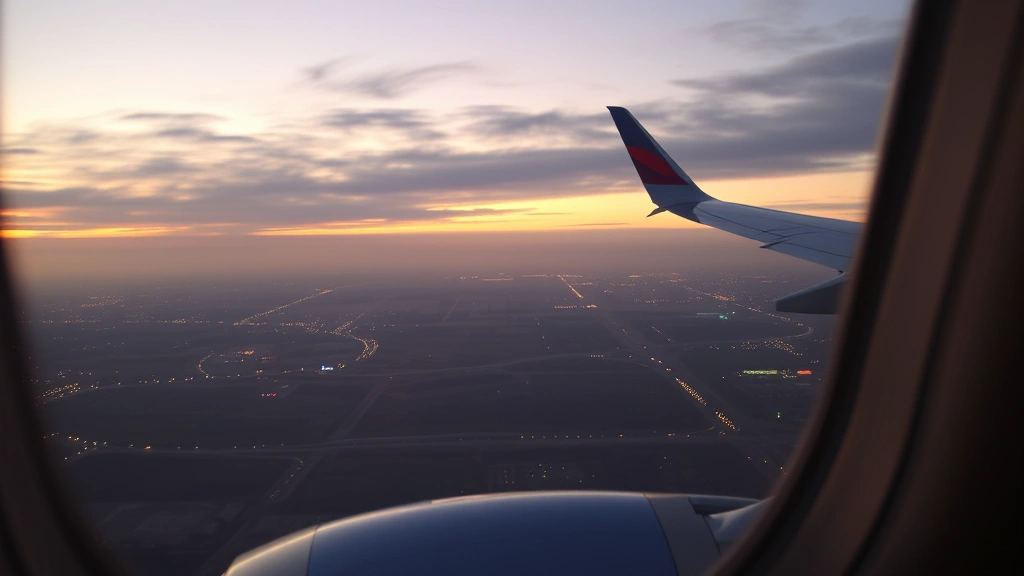 Airplane window view during descent showing city lights and airport runway approach at dusk, commercial flight perspective with landing gear visible below