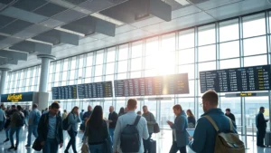 Modern airport terminal with flight information display boards showing departure times and flight statuses, travelers checking phones and laptops, natural daylight streaming through large windows, busy but organized atmosphere
