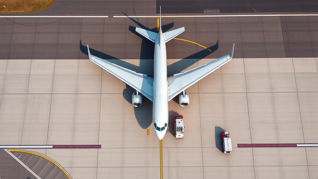 Overhead view of commercial aircraft on runway with ground support vehicles, clear weather conditions, aircraft shadows on tarmac, professional airport operations environment