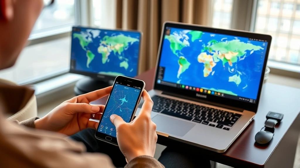 Person looking at smartphone and laptop simultaneously displaying real-time flight tracking maps with aircraft position, altitude data visible, comfortable travel setting like airport lounge or hotel room