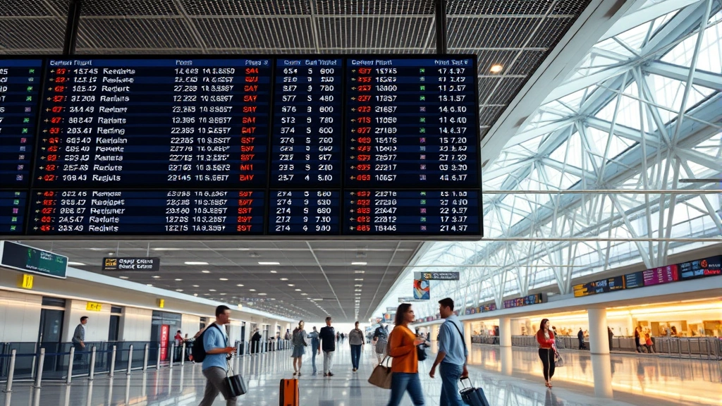 Modern airport departure board displaying flight numbers and status updates with travelers walking past, bright terminal lighting, photorealistic detail