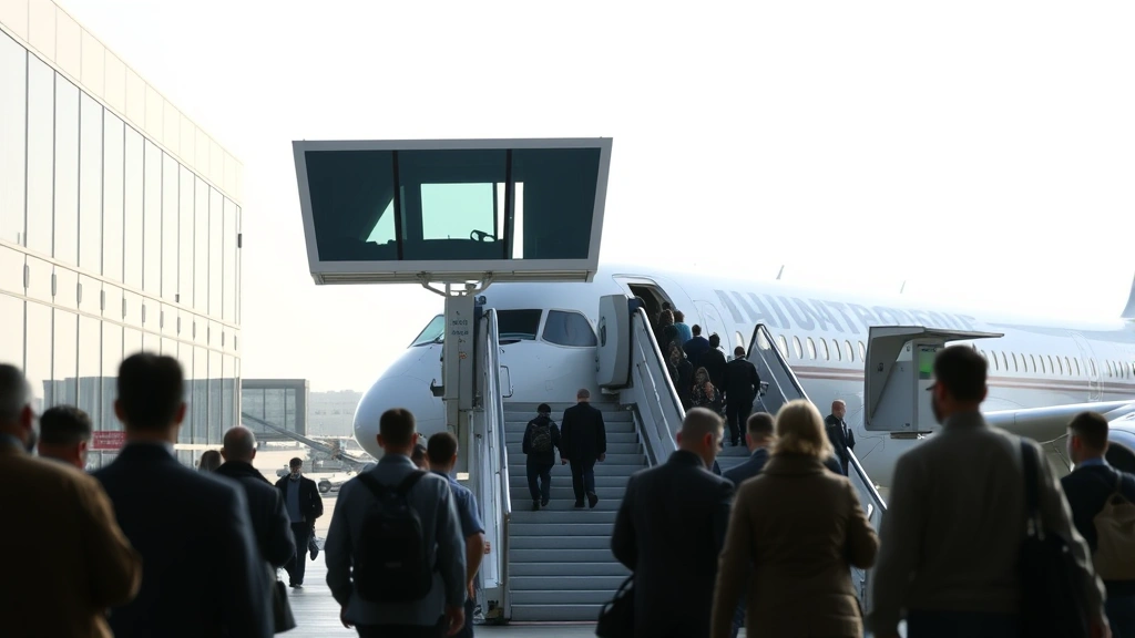 Aircraft boarding process with passengers entering jet bridge at modern international airport terminal, clear daytime lighting, realistic passenger boarding scene