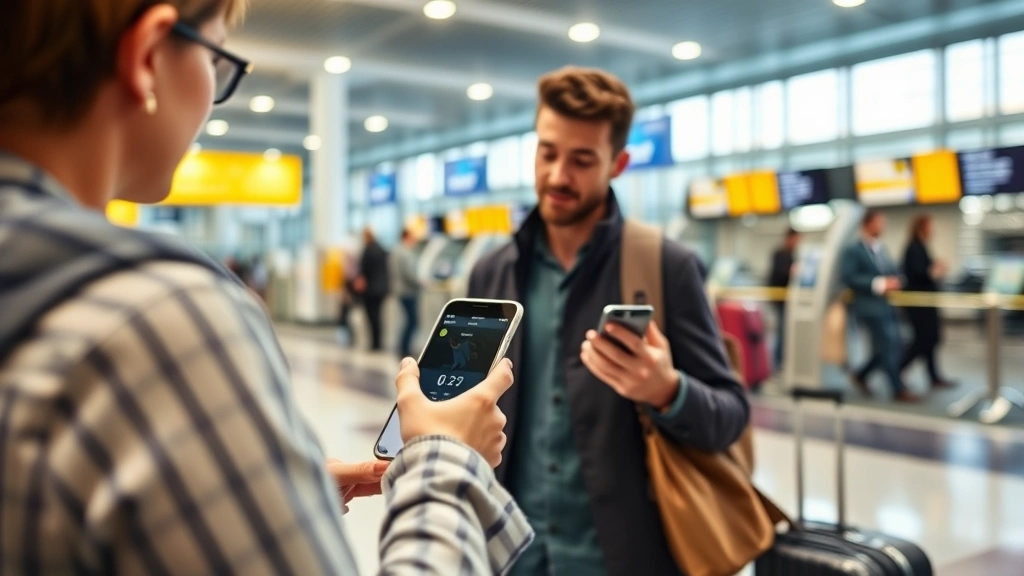 Traveler holding smartphone checking flight information at airport gate area with luggage nearby, modern terminal background, realistic travel scenario