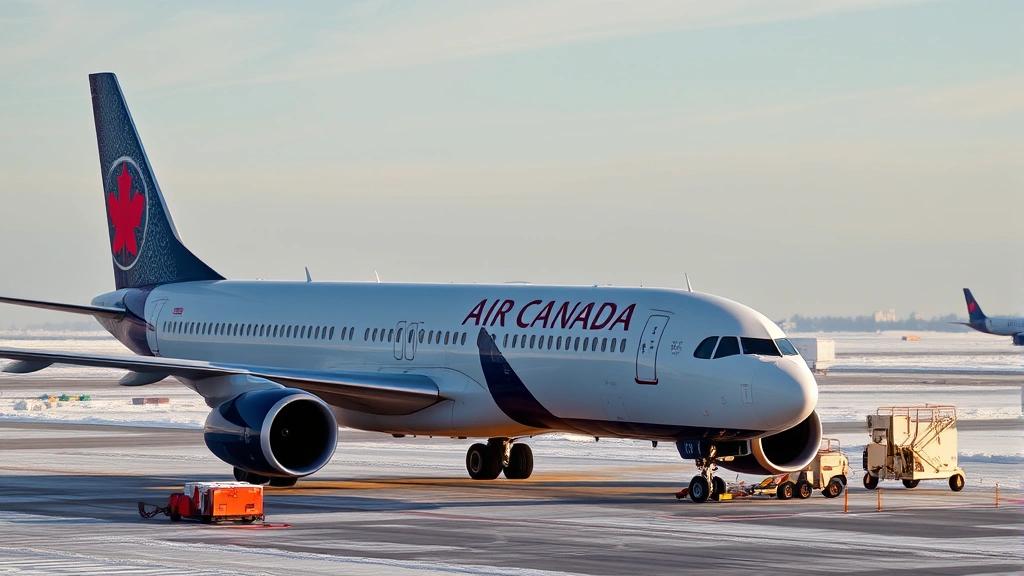 Modern Air Canada aircraft on tarmac during winter conditions with snow-covered ground and de-icing equipment visible, realistic daylight photography