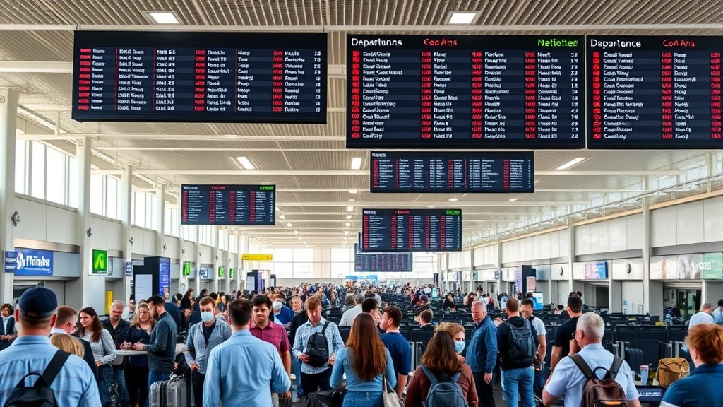 Busy airport terminal interior with passengers at check-in counters and departure boards displaying flight information, natural lighting, crowded but organized scene