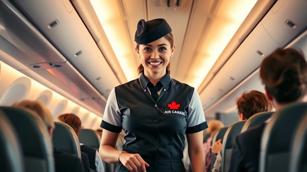 Flight attendant in Air Canada uniform assisting passengers in cabin aisle with professional demeanor, warm cabin lighting, realistic commercial aircraft interior