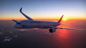 Modern Airbus A350 aircraft in Air France livery cruising over the Atlantic Ocean at sunset, showing the sleek fuselage and advanced aerodynamic design