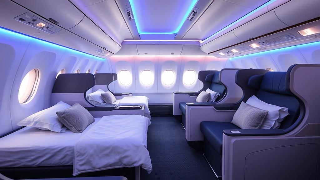 Luxurious Air France Business Class cabin interior on A350 showing fully flat beds, direct aisle access seats, ambient blue LED lighting, and spacious suite configuration