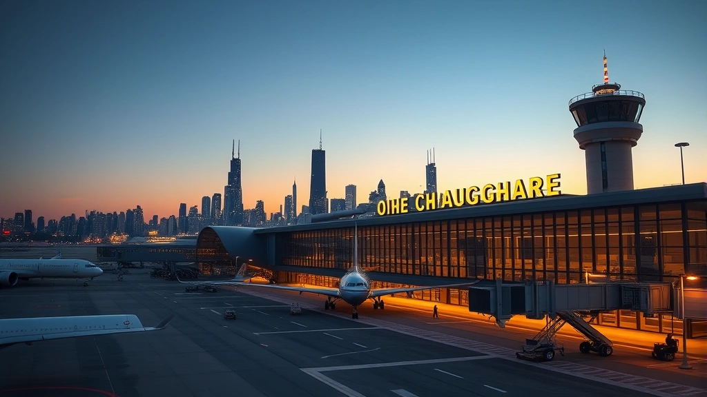 Chicago O'Hare International Airport terminal exterior at dusk with modern architecture, aircraft boarding, and city skyline in background