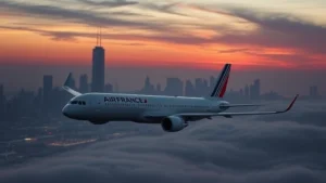 Modern commercial aircraft in Air France livery descending toward Chicago skyline at sunset, professional aviation photography, realistic atmospheric conditions