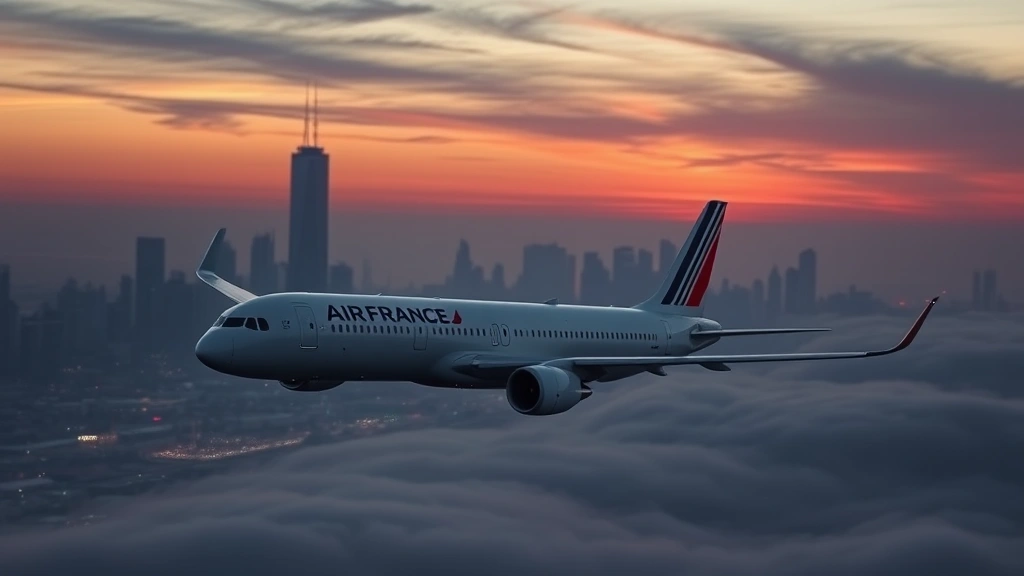 Modern commercial aircraft in Air France livery descending toward Chicago skyline at sunset, professional aviation photography, realistic atmospheric conditions