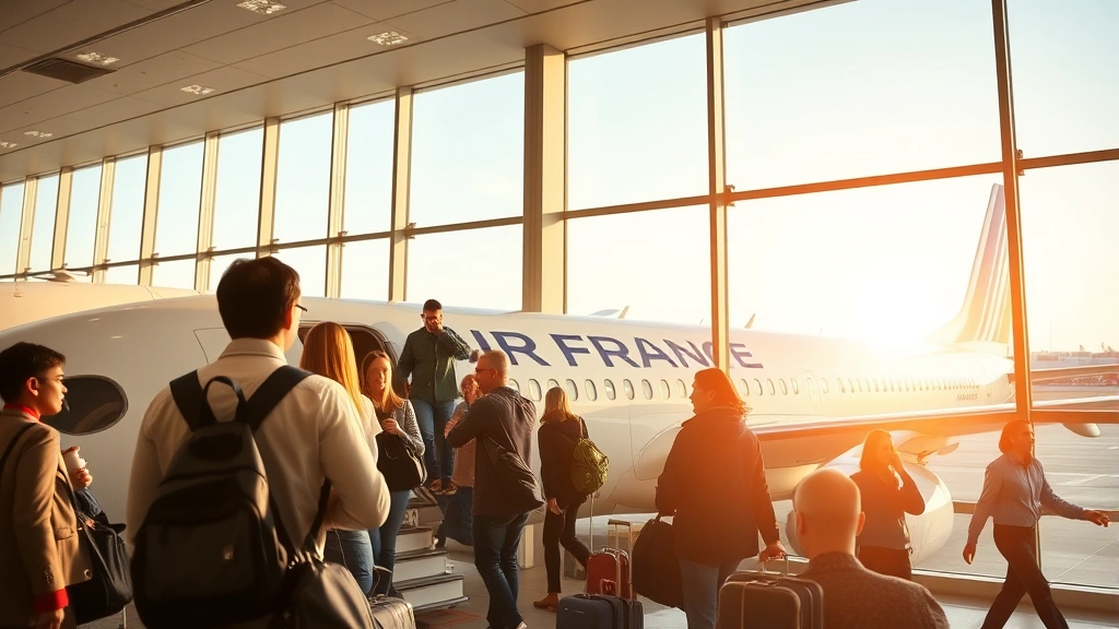 Passengers boarding Air France aircraft at gate, natural light from airport terminal windows, diverse travelers with luggage, authentic airport environment