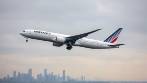 Wide-body aircraft Boeing 777 in Air France livery approaching Chicago O'Hare International Airport during overcast weather with city skyline visible below