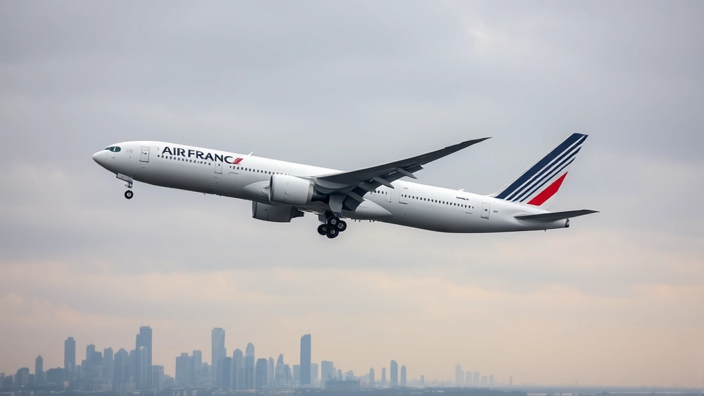Wide-body aircraft Boeing 777 in Air France livery approaching Chicago O'Hare International Airport during overcast weather with city skyline visible below