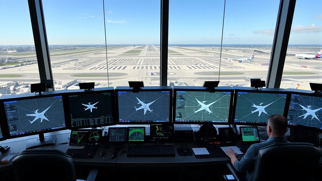 Air traffic control tower at Chicago O'Hare with multiple radar screens showing aircraft positions and runway configurations during busy operations