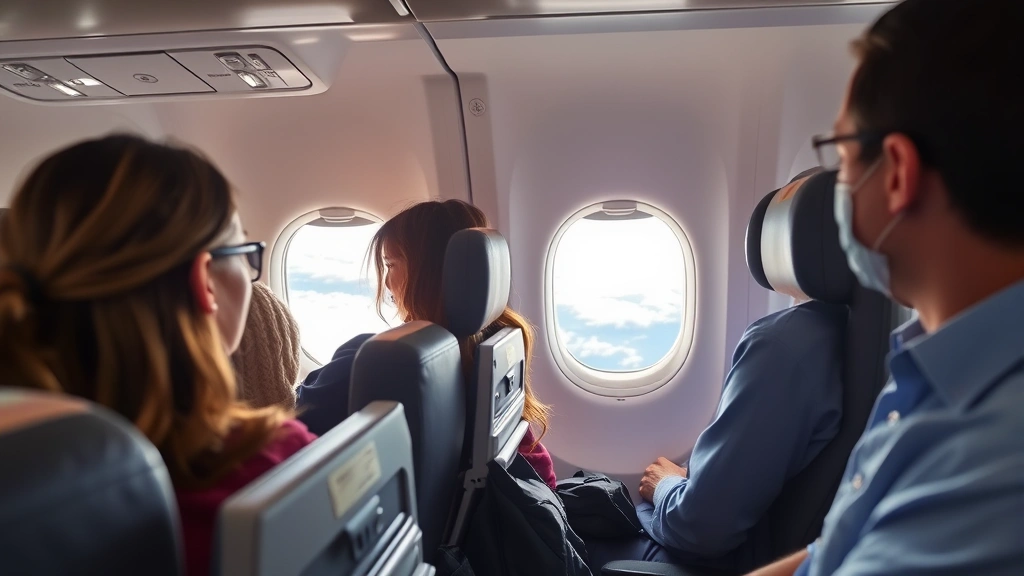 Passengers inside modern aircraft cabin during flight, looking out windows at clouds and landscape below with professional crew member visible in background