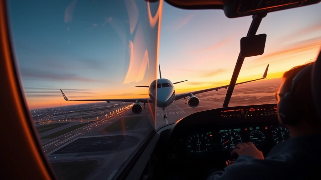 Commercial aircraft on approach to Madrid airport during sunset, detailed cockpit visible through windows, professional pilot at controls, realistic airport lighting and runway markings visible below, cinematic aviation photography