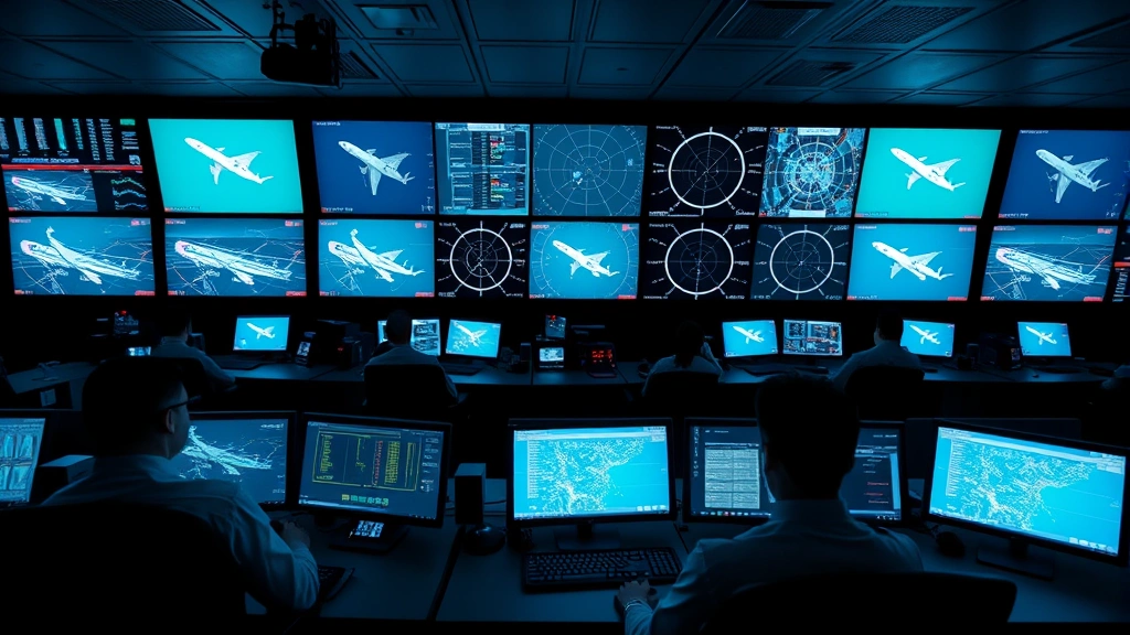 Air traffic control center with multiple radar displays and communication equipment, controllers monitoring flight operations, professional workspace with technology focused, realistic lighting from screens, active aviation operations atmosphere