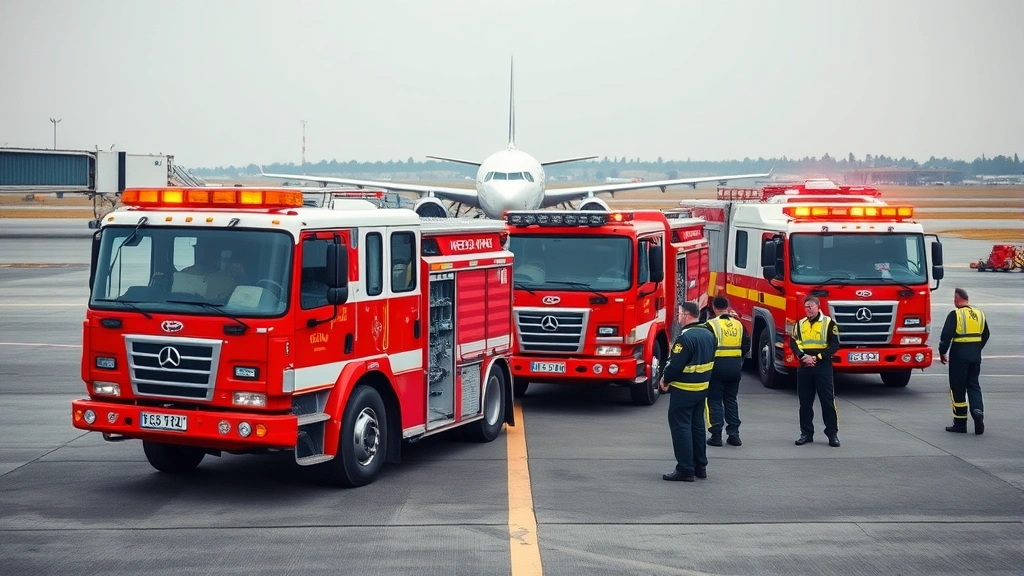 Emergency response team at airport with fire trucks and rescue vehicles positioned on runway, professional emergency personnel in uniform, aircraft visible in background, professional emergency preparedness setup, realistic airport infrastructure