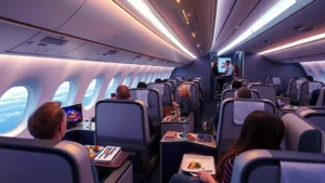 Modern Boeing 787 Dreamliner aircraft cabin interior with business class seats, ambient lighting, and passengers enjoying meals during transatlantic flight over ocean
