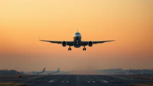 Modern commercial aircraft taking off from runway during golden hour with clear sky, photorealistic aviation photography, Boeing or Airbus wide-body jet in flight