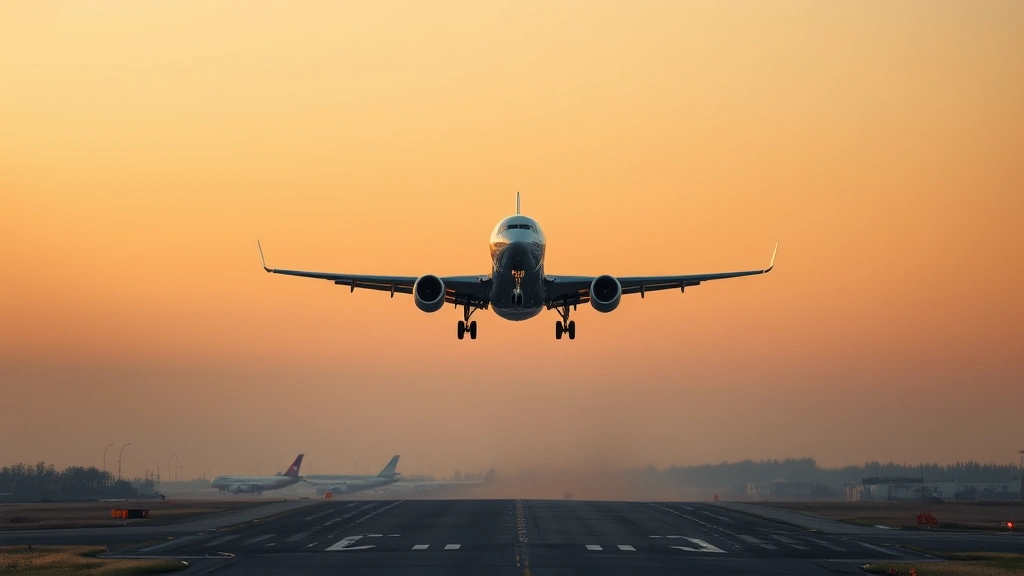 Modern commercial aircraft taking off from runway during golden hour with clear sky, photorealistic aviation photography, Boeing or Airbus wide-body jet in flight