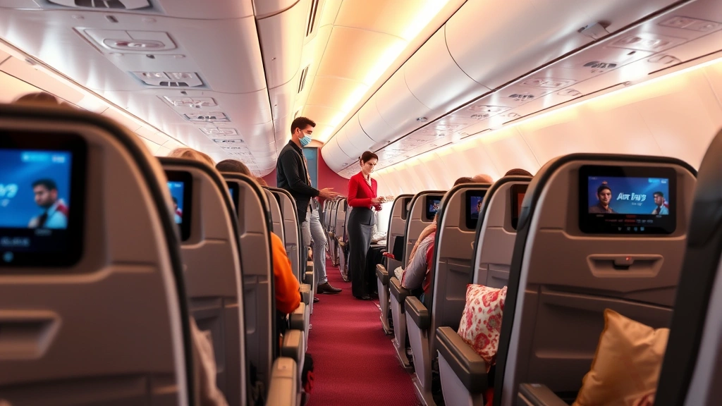 Air India airline cabin interior showing comfortable economy seating, modern in-flight entertainment screens, and professional flight attendants serving passengers, bright cabin lighting