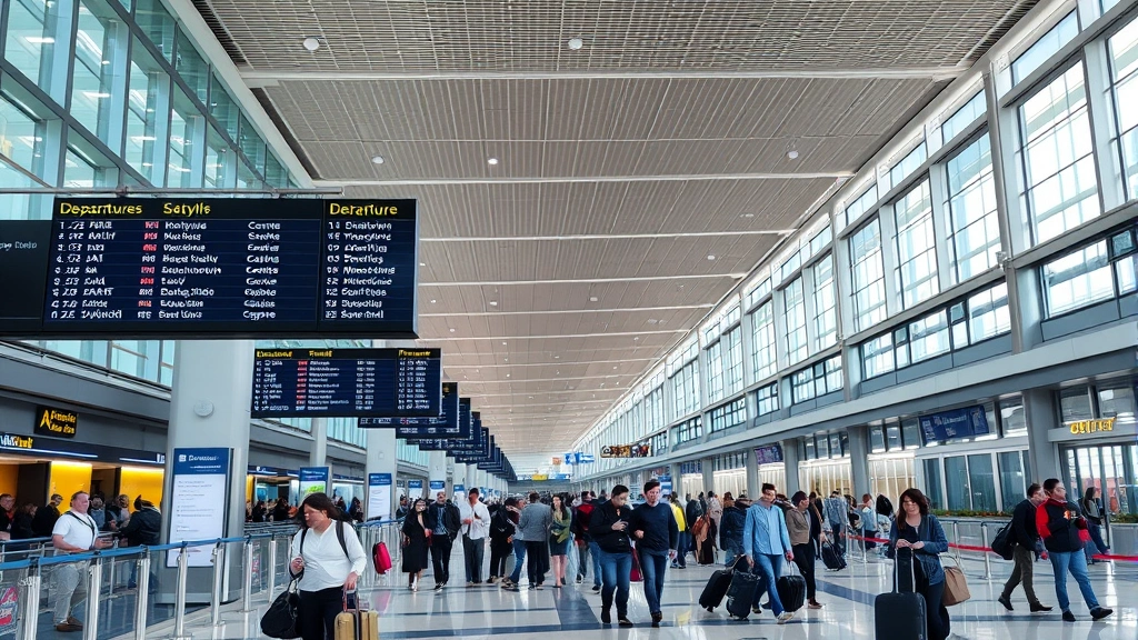 Busy international airport terminal with departure boards displaying flight information, passengers with luggage, modern architecture and glass windows, daytime airport scene