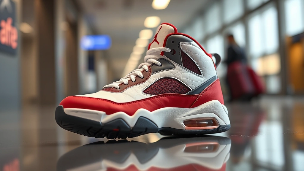 Professional product photography of Air Jordan True Flight sneaker in classic colorway, showcasing clean design lines and visible Air cushioning midsole, photographed against neutral travel background with subtle airport or travel elements out of focus