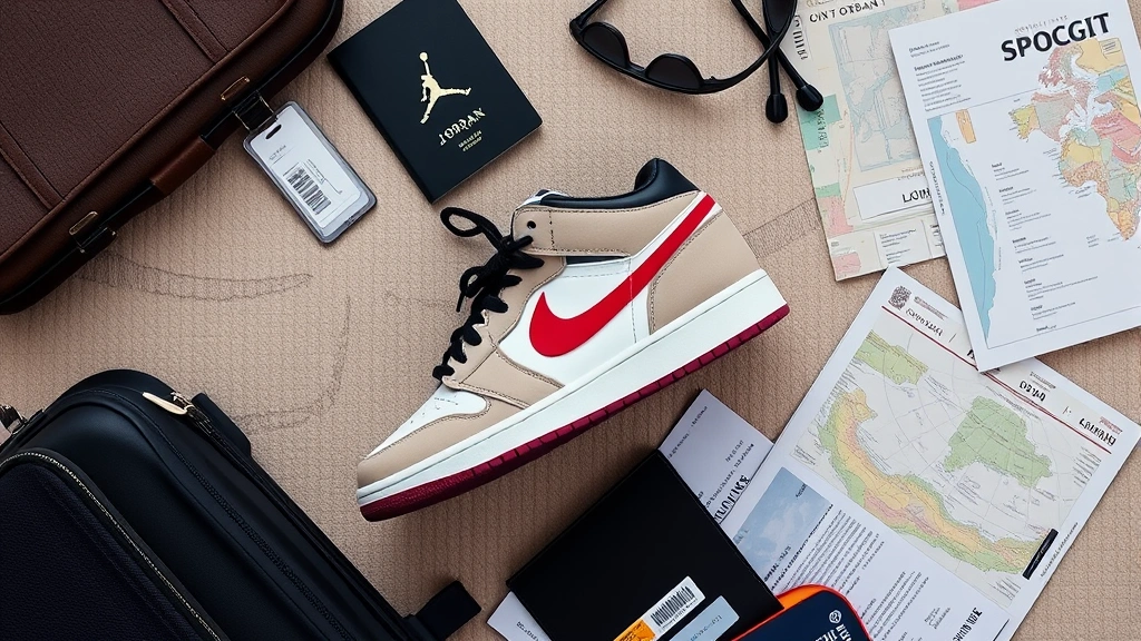 Overhead flat-lay composition of Air Jordan True Flight surrounded by travel essentials including passport, luggage tag, and travel documents, demonstrating practical travel sneaker integration into modern traveler lifestyle